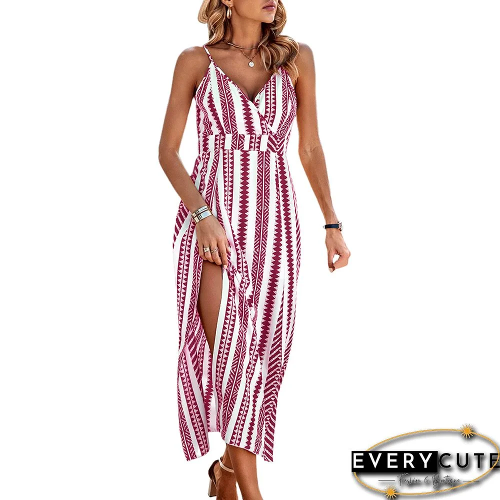 Red Print Spaghetti Strap V Neck Split Maxi Dress