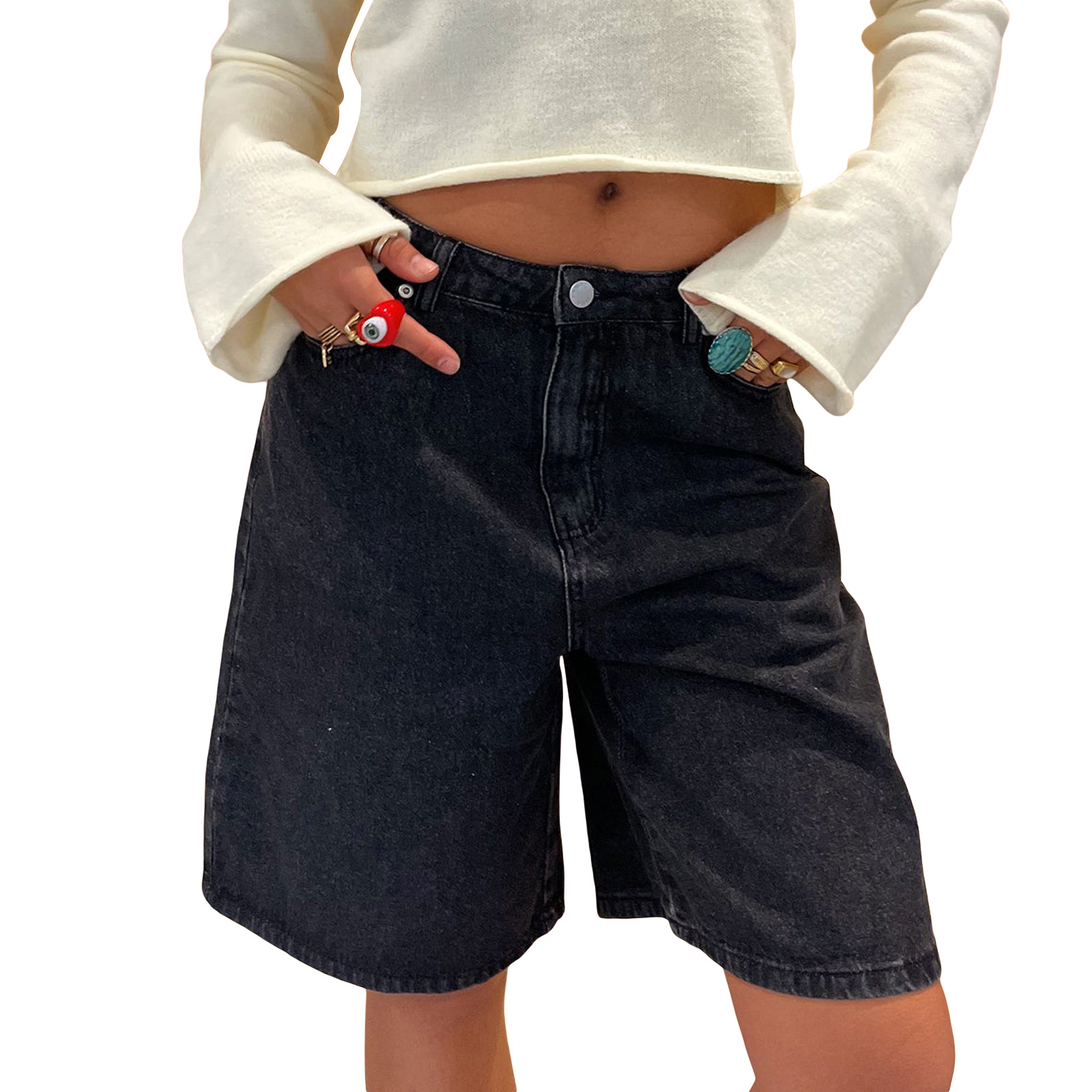 Bonushaf Women Y2k Baggy Denim Shorts Casual Knee Length Wide Leg Denim Half Shorts Vintage Straight Leg Jean Shorts with Pockets