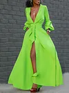 Split-Front Lace-Up Flared Sleeves Maxi Dresses