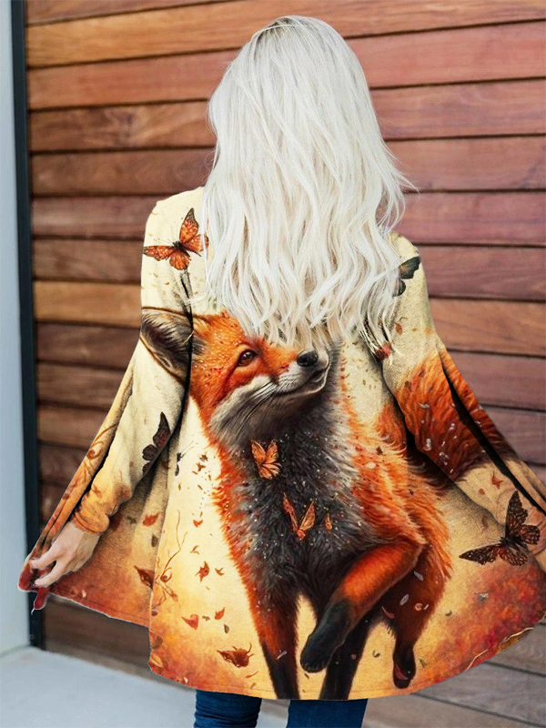 Fall Fox And Butterflies Art Long Sleeve Flowy Cardigan artswardrobe