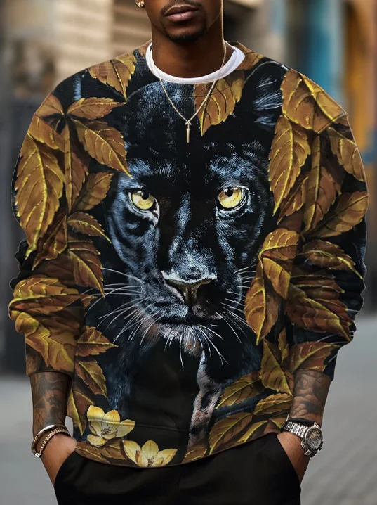 Men's Black Panther And Leaves Art Print Casual Sweatshirt