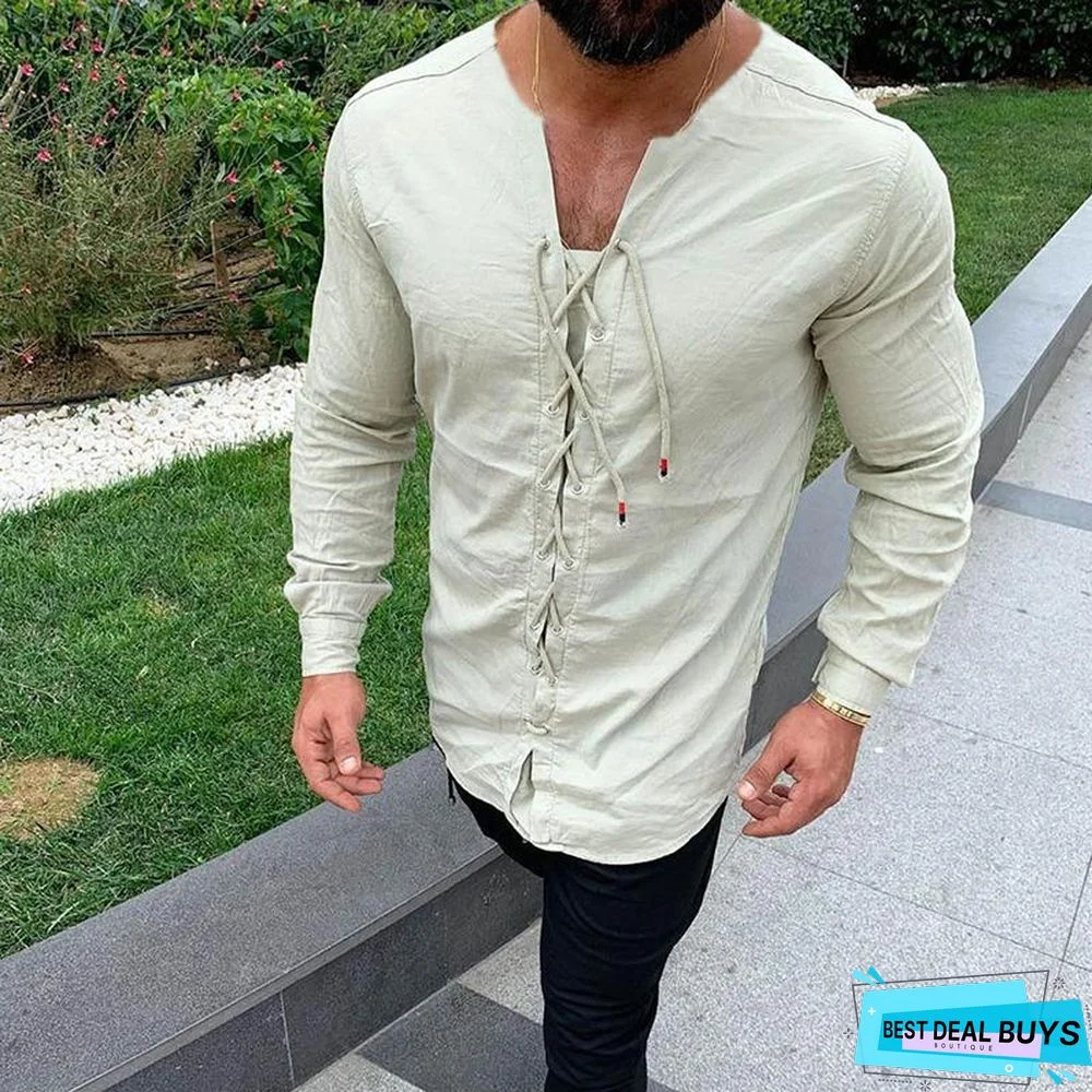 Men's Casual Pure Color Tether Cotton Linen Shirts Slim Fit Social Round Neck Blouses Top