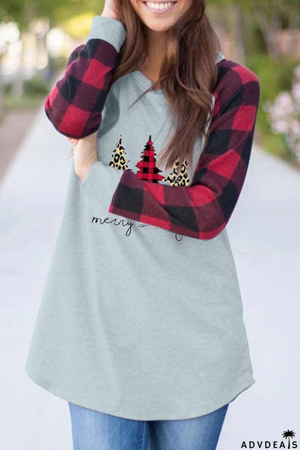 Christmas Pattern Plaid Splice Long Sleeve Top