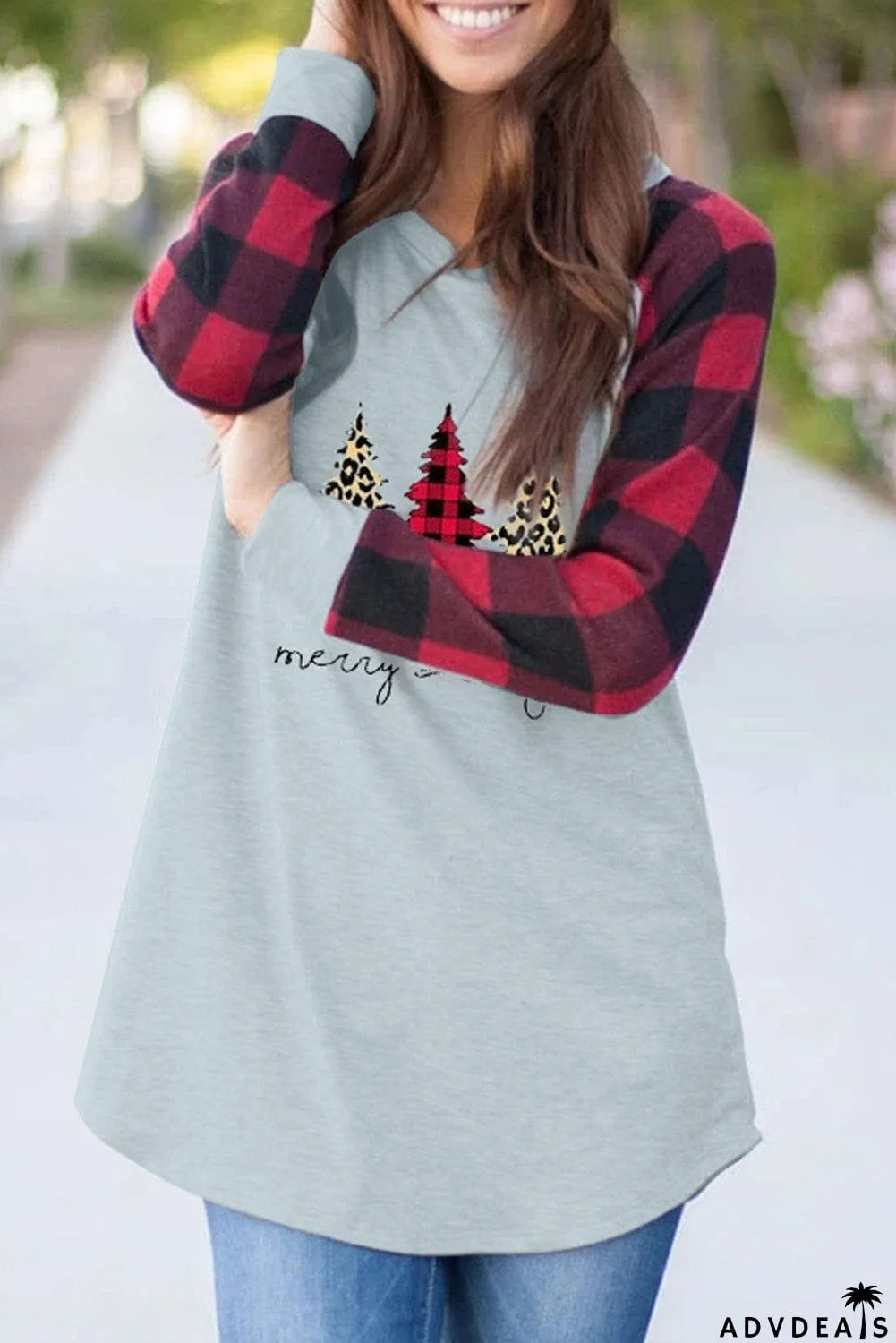 Christmas Pattern Plaid Splice Long Sleeve Top