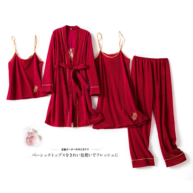Female Velvet 4PCS Pajamas Set  Embroidery Sleepwear Kimono Bathrobe Gown Autumn Winter Velour Nightwear Loose Home Wear