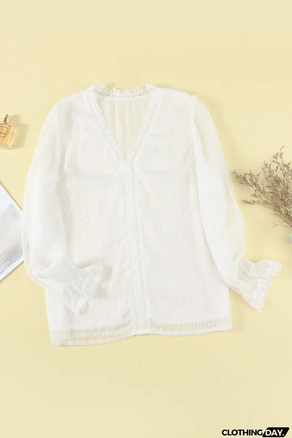 Elegant V-Neck Swiss Dot Lace Blouse