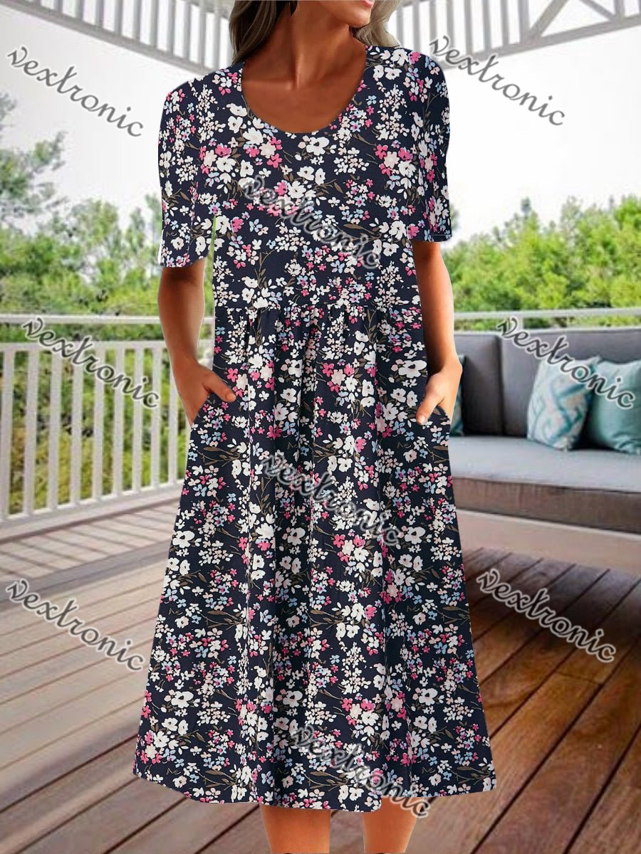 Women's Short Sleeve Scoop Neck Black Floral Printed Midi Dress