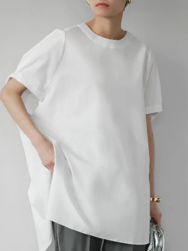 Elasticity Solid Color Split-side High-low Loose Round-neck T-Shirts Tops