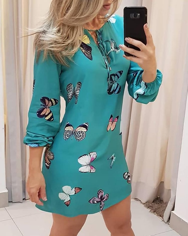 Butterfly Print Tie Front Long Sleeve Dress P10385