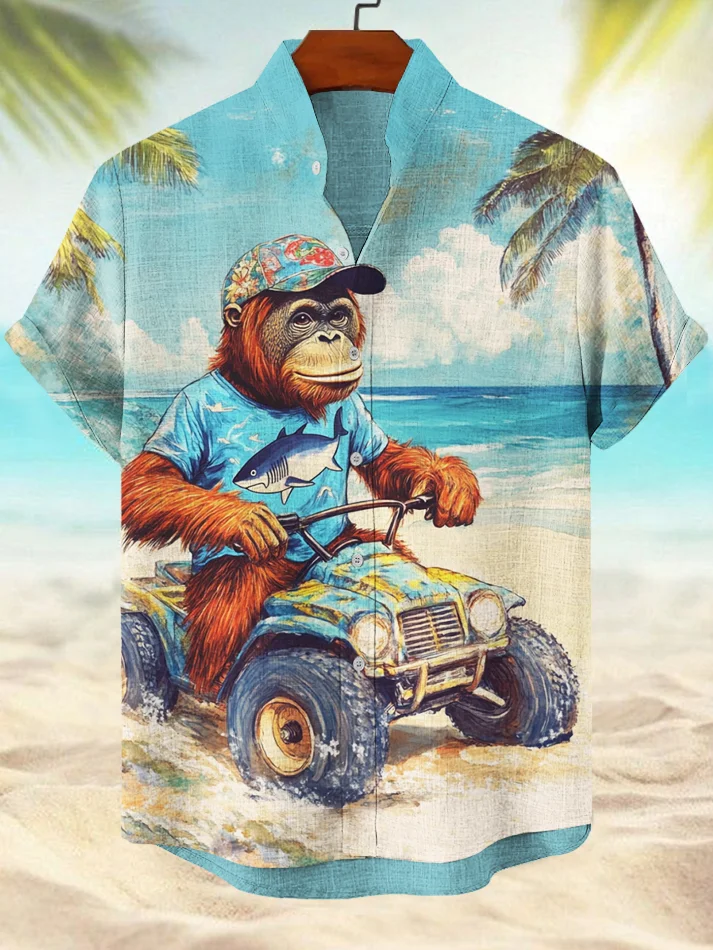 Men's Seaside Driving Off-Road Vacation Orangutan Print Short Sleeve Shirt