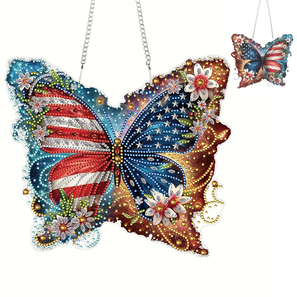 DIY US Flag Butterfly Acrylic Diamond Art Hanging Pendant Diamond Painting Home Decor 