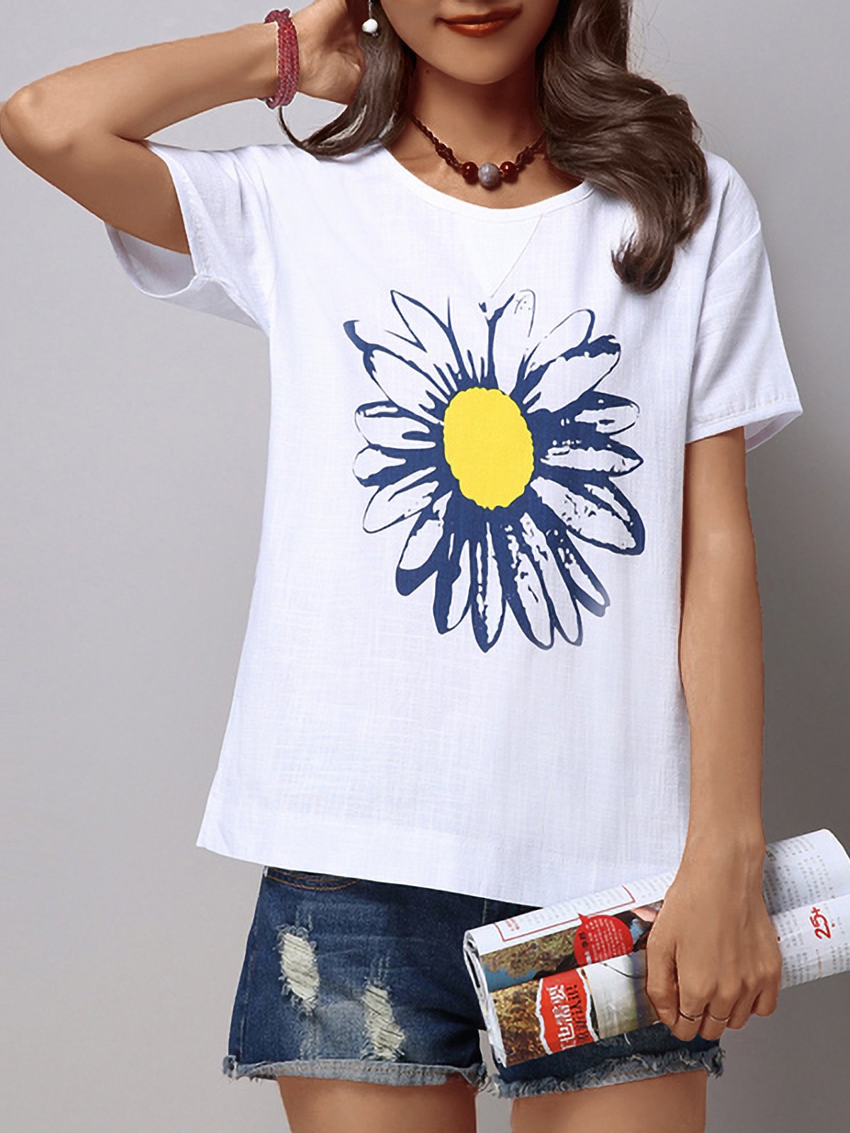 Plus Size Women Short Sleeves Loose Cotton Sun Flower Graphics Casual Tops