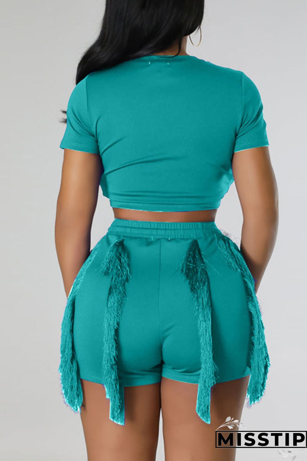 Blue Casual Solid Tassel Patchwork O Neck Short Sleeve Two Pieces