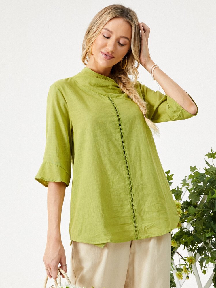Solid Color Ribbon Half Sleeve  Casual Blouse with Pockets P1835762