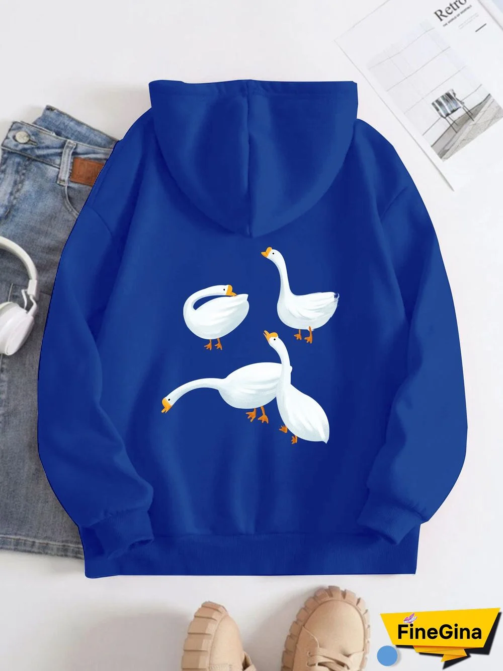 Printed on the Back Kangaroo Pocket Hoodie Long Sleeve for Women Pattern Gooses