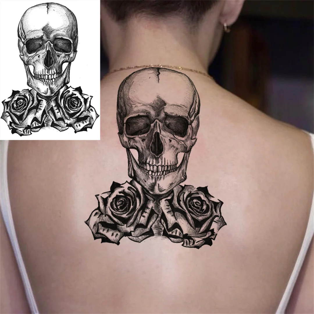 Sdrawing Skull Temporary Tattoos For Women Men Adults Evil Skeleton Tattoo Sticker Fake Lavender Big Rose Black Tatoos Body Thigh