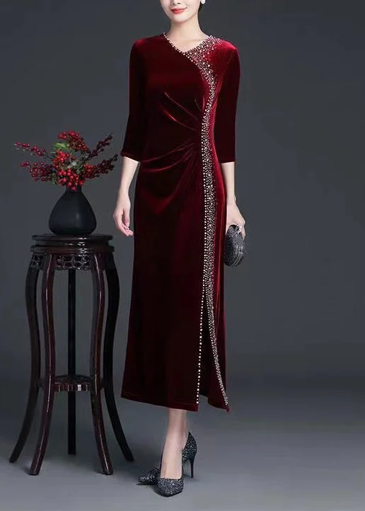 Classy Wine Red V Neck Zircon Side Open Silk Velour Long Dress Fall