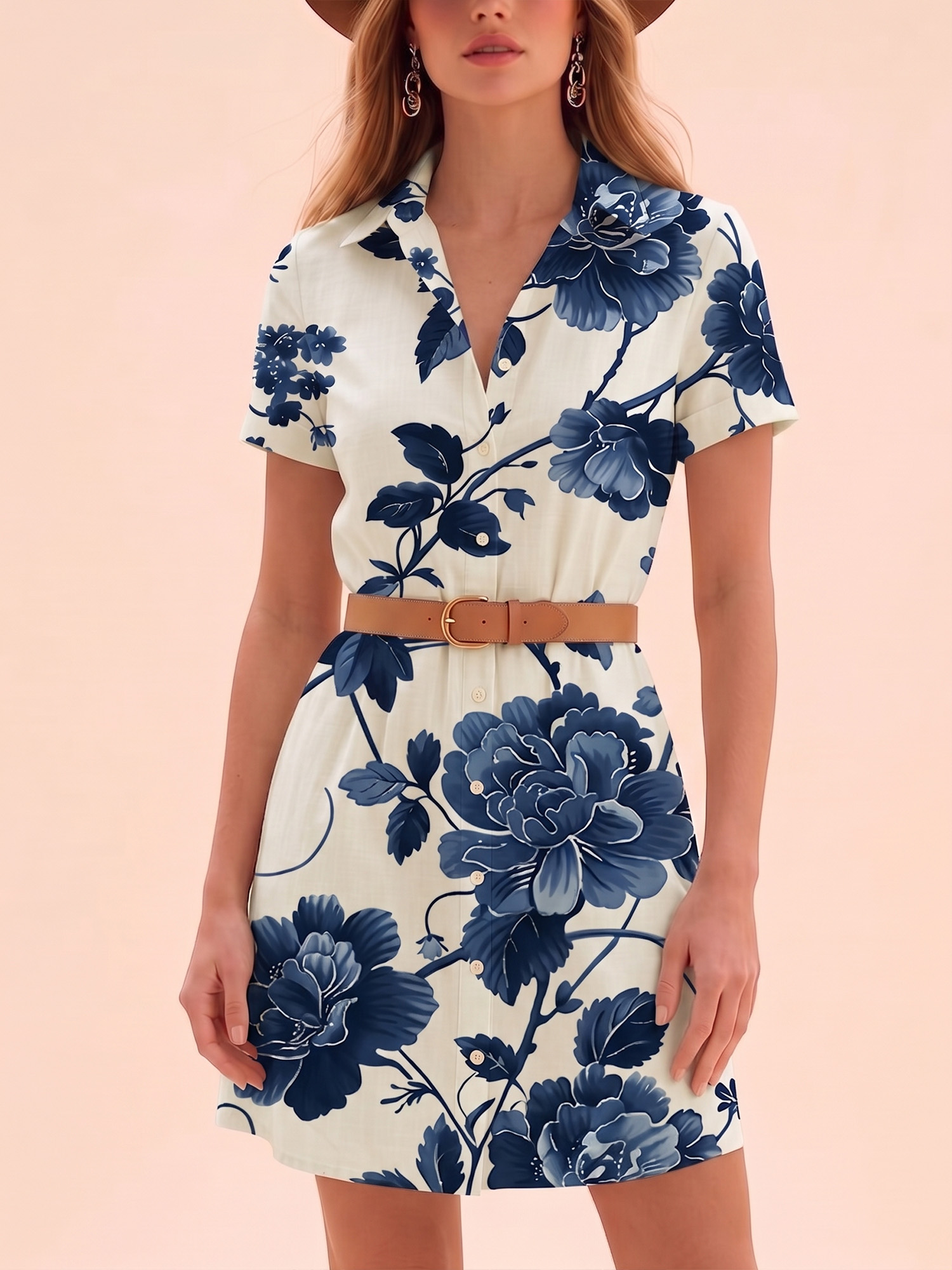 Western-Style Mini Dress &mdash; Ivory Cream Cotton-Linen Blend Short-Sleeved Mini Dress With Blue-And-White Porcelain Blue Floral Print.