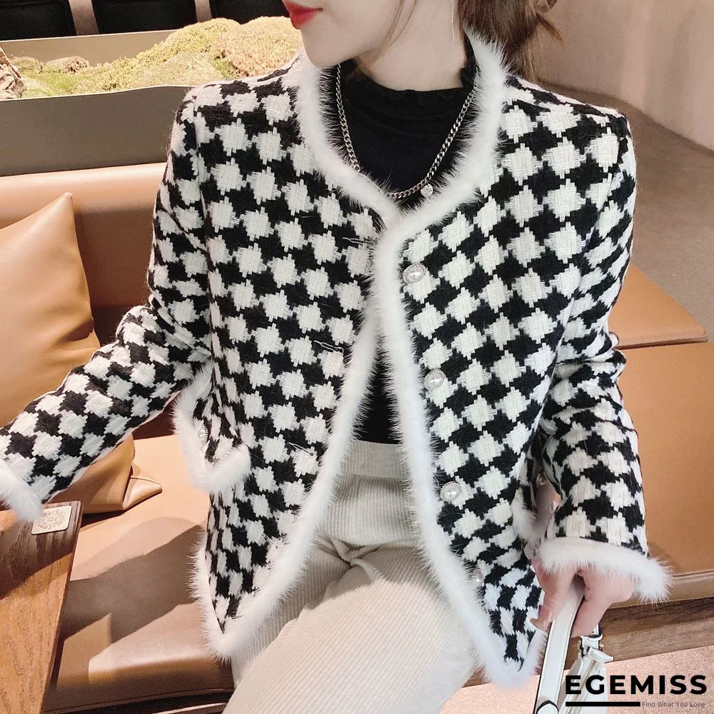 Female Leisure Black and White Plaid Coat Wool Coat | EGEMISS