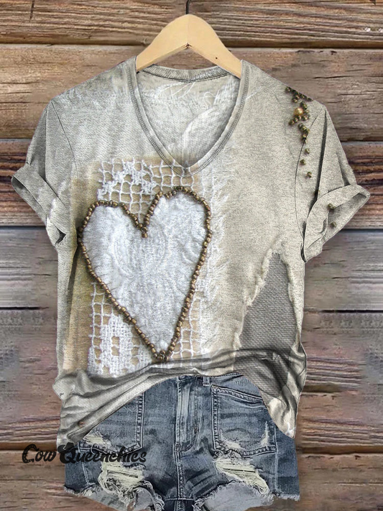 Women&rsquo;s Vintage Heart Art Print V-neck Casual T-Shirt Multicolor / S
