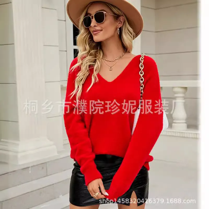 Athvotar Athvotar Autumn New Imitation Marinose Sweater Female Solid Color Long-Sleeved V-Neck Loose Large-Size Woman