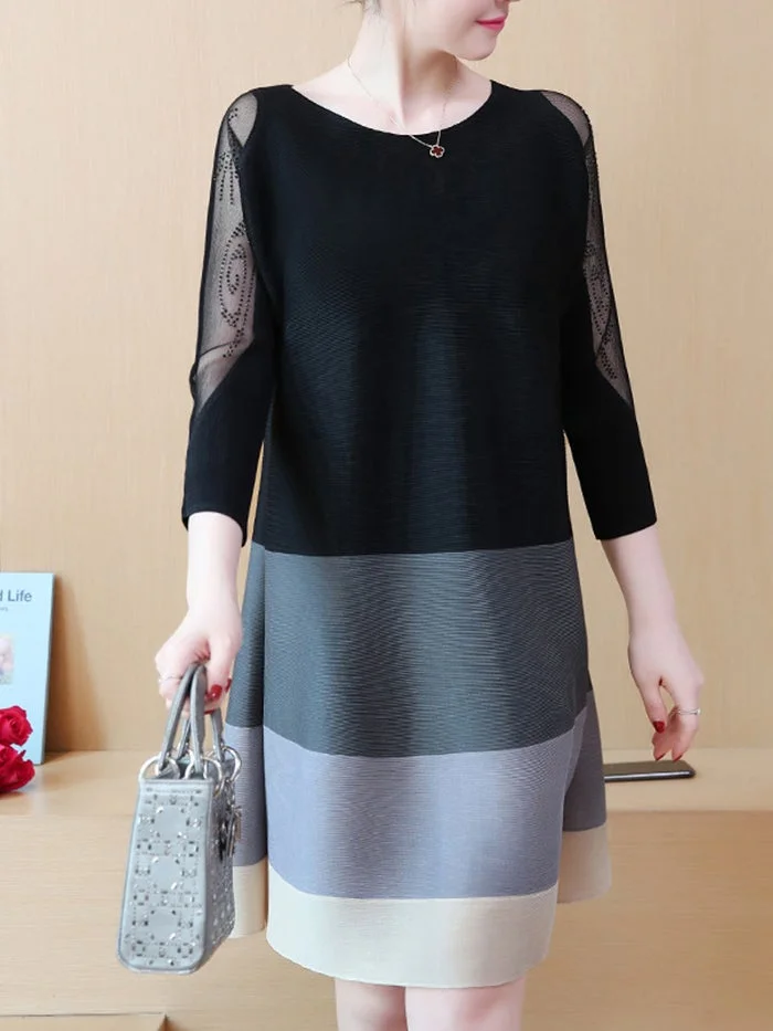 A-line Mesh and Beaded Striped Dress