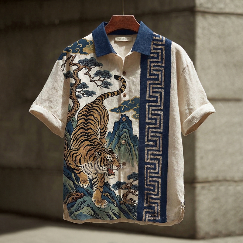 Men's Retro Tiger And Ink Painting Landscape Color-block Short-sleeve Shirt elevenforest