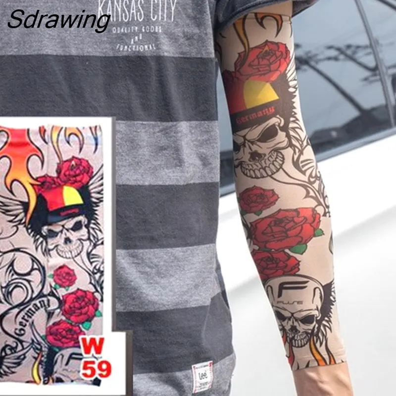 Sdrawing Temporary Tattoo Sleeve Tattoos Full Long Arm Tattoo Sleeve Men Elastic Nylon Tattoos skull dragon snake tiger tatoo sleeve