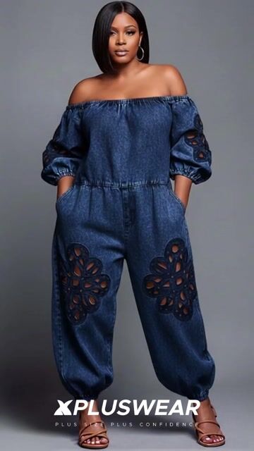 Xpluswear Design Plus Size Vacation White Off The Shoulder Half Sleeve Cut Out Pocket Denim Jumpsuits [Pre-Order] 2024 - Xpluswear