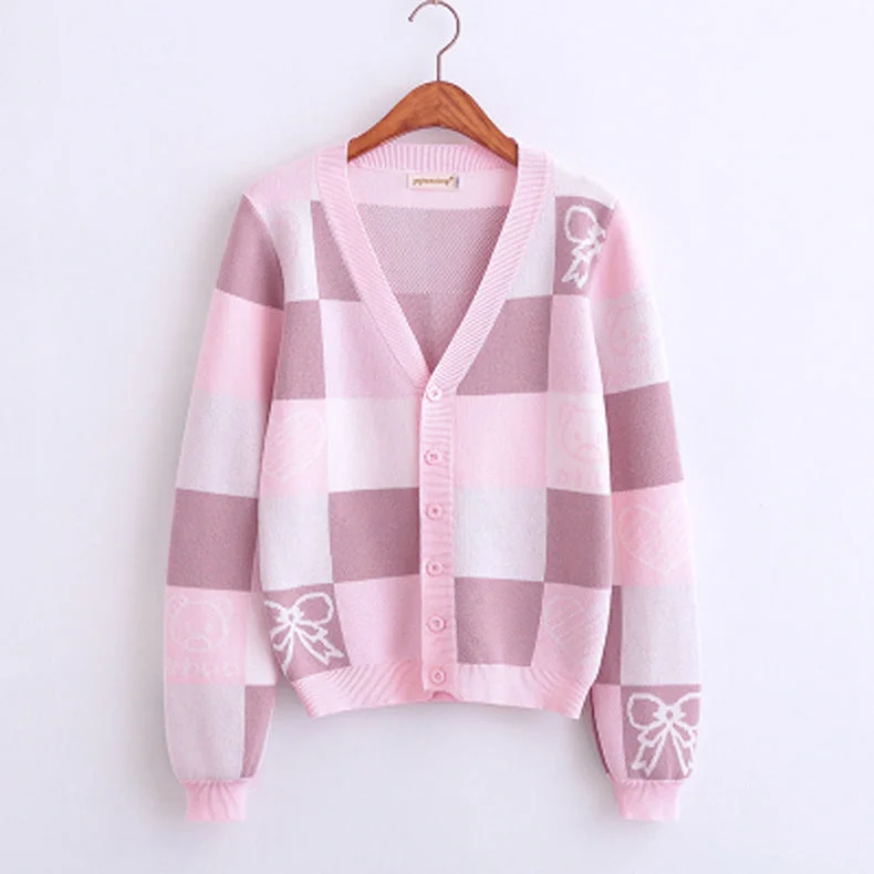 Yellow/Pink Long Sleeved Plaid Knitted Jacket Cardigan Sweater SP17248