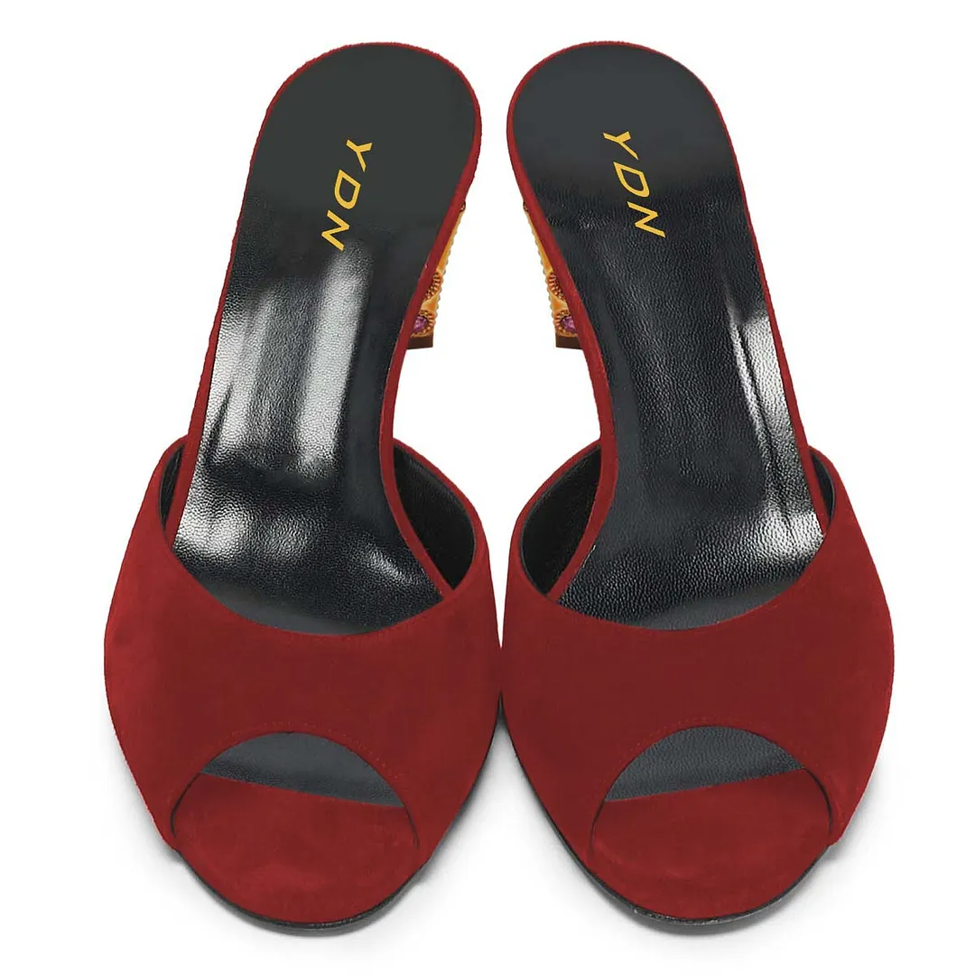 Trendy Red Peep Toe Rhinestone Decorative Heel Mules for Women