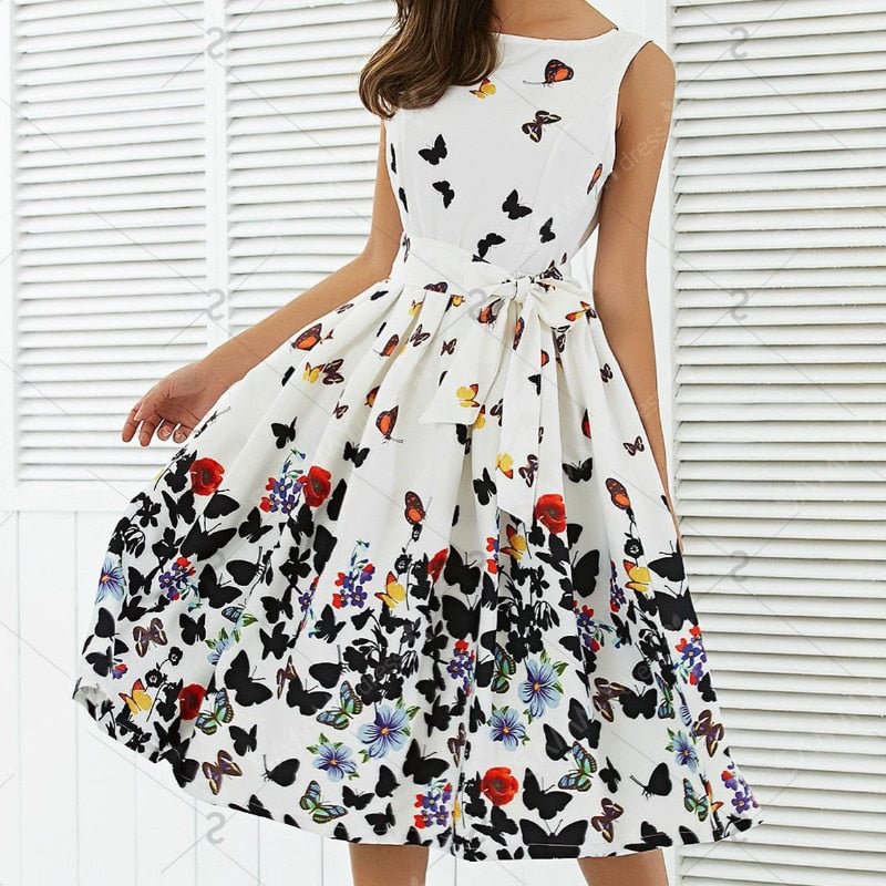 Sleeveless Floral Print OL Dress Plus Size Summer Women Vintage A-Line  Evening Party  Vestidos Tunic Long Sundress