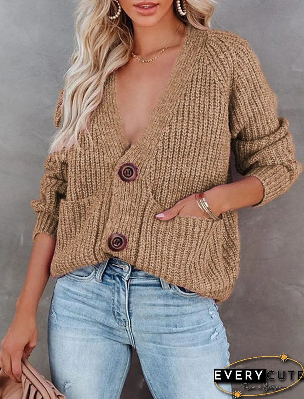 Solid Color V-neck Single-breasted Long-sleeved Knitted Cardigan