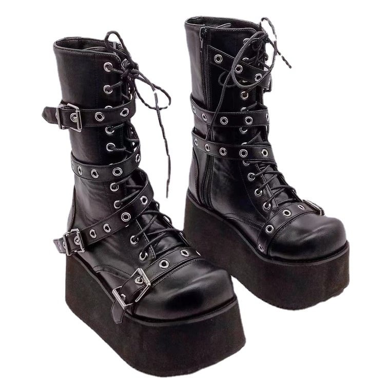 Punk  Round Toe Platform PU Buckle Wedge Lace Up Martin Mid Calf Boots