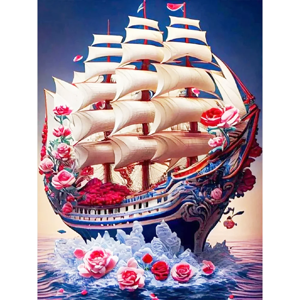 Full Round Diamond Painting - Red Rose Ship(Canvas|30*40cm)