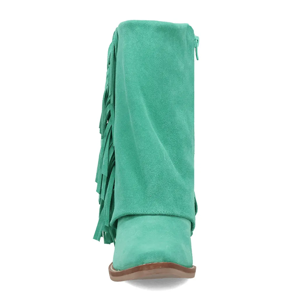 Green Vegan Suede Almond Toe Fringe Chunky Heel Fold Over Ankle Boots