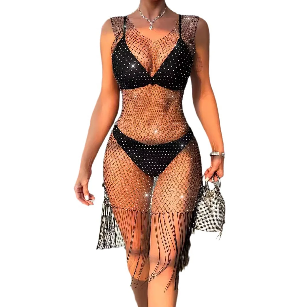 Uveng Uveng Women Wear Flash Mesh Fishnet Tassel V Collar Sexy Bikini Hood Dress 22251