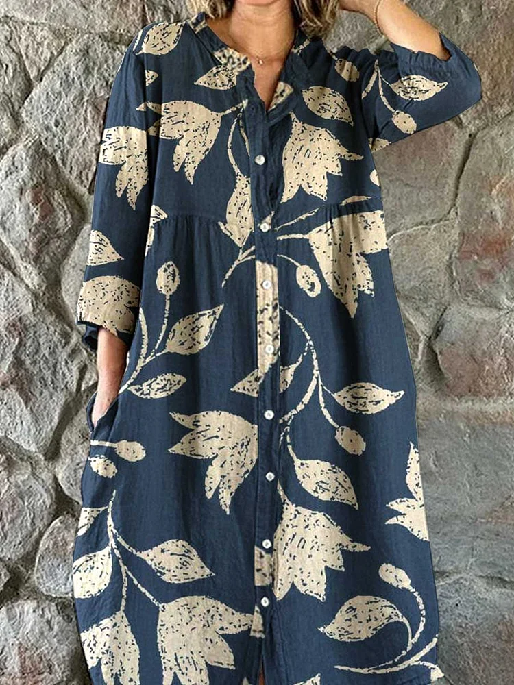 Women's Resort  Art   Rose Floral  Pattern Cotton Shirt Dress