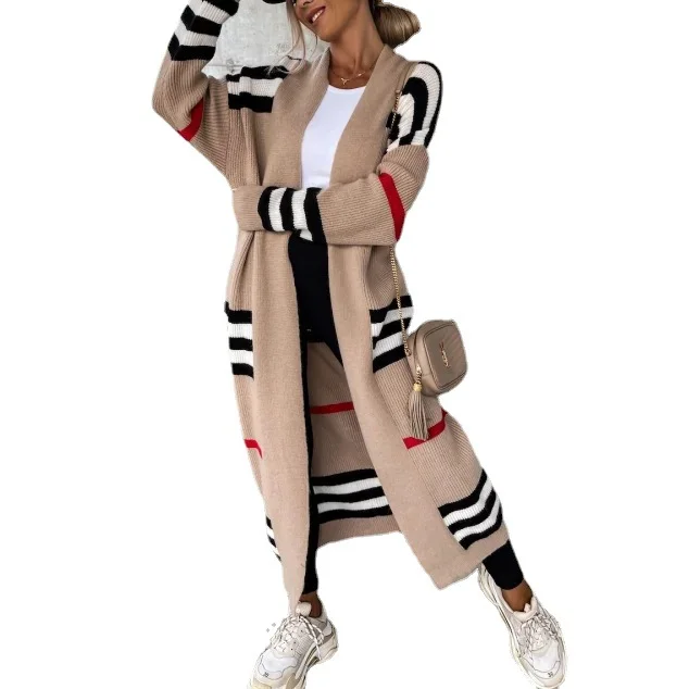 Athvotar Athvotar Long Striped Knitted Cardigan Large Version Of Loose Long-Sleeved Sweater Coat Woman