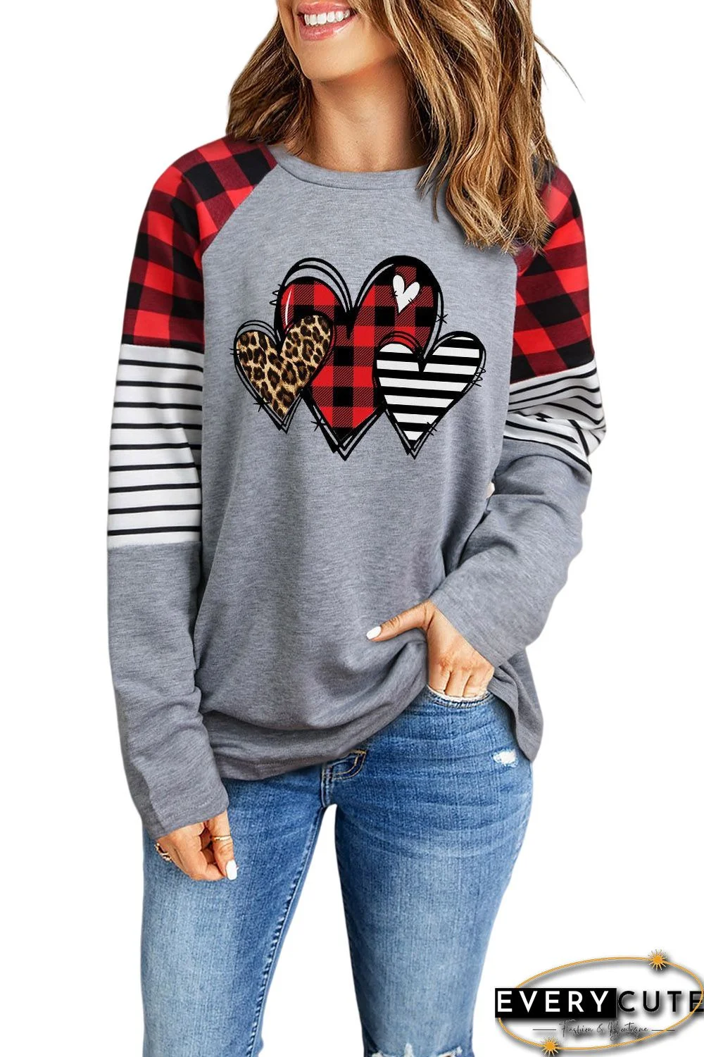 Gray Heart Plaid Leopard Striped Color Block Top