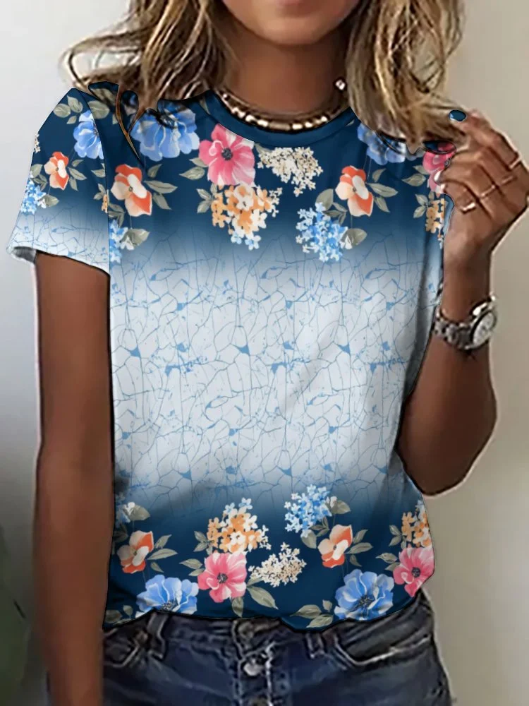 Printed Short Sleeve Casual T-shirt for  Women and Men Unisex Pattern Pink, Floral, Blue