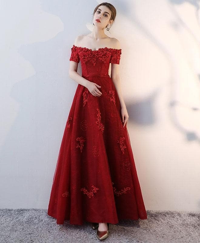 Red Tulle Off Shoulder Long Prom Dress, Tulle Evening Dress