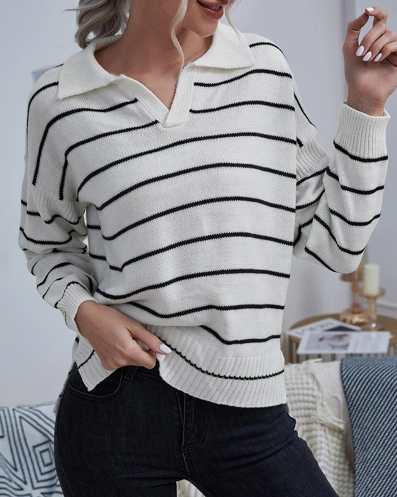 Striped Print Long Sleeve Slit Sweater