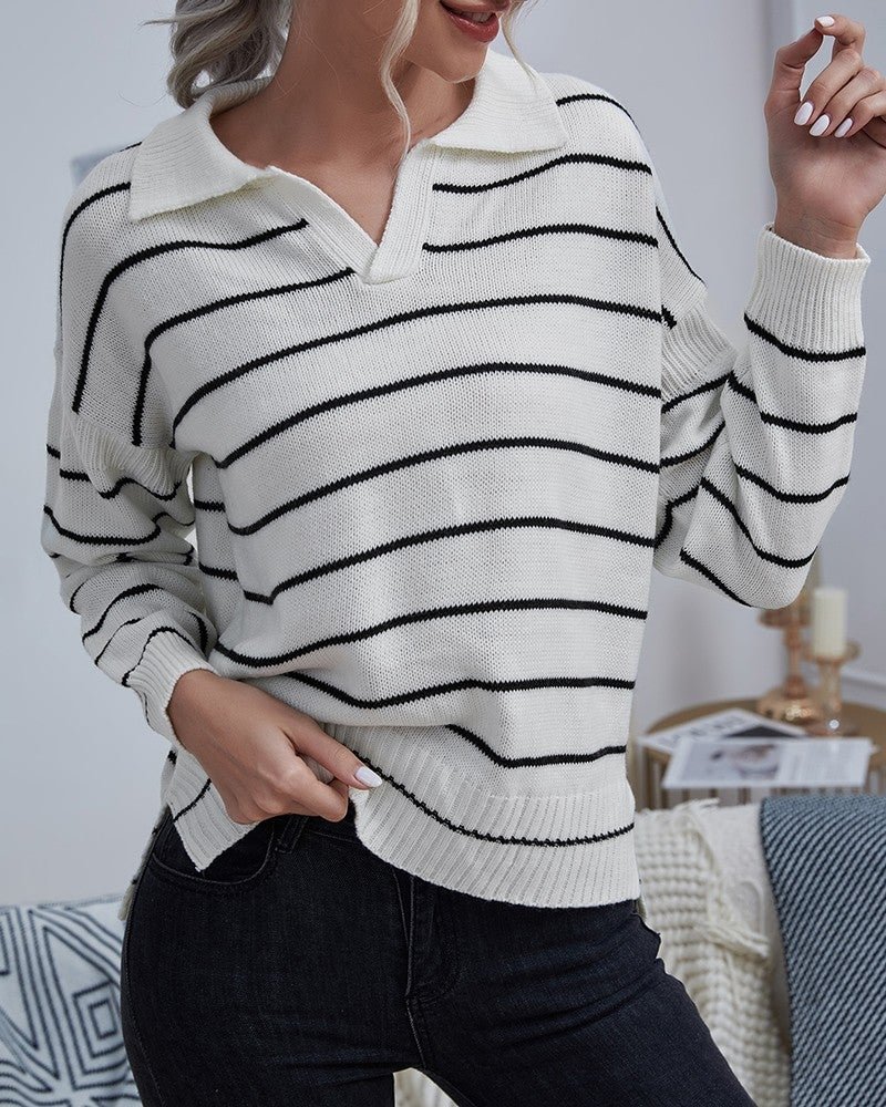 Striped Print Long Sleeve Slit Sweater - VSMEE