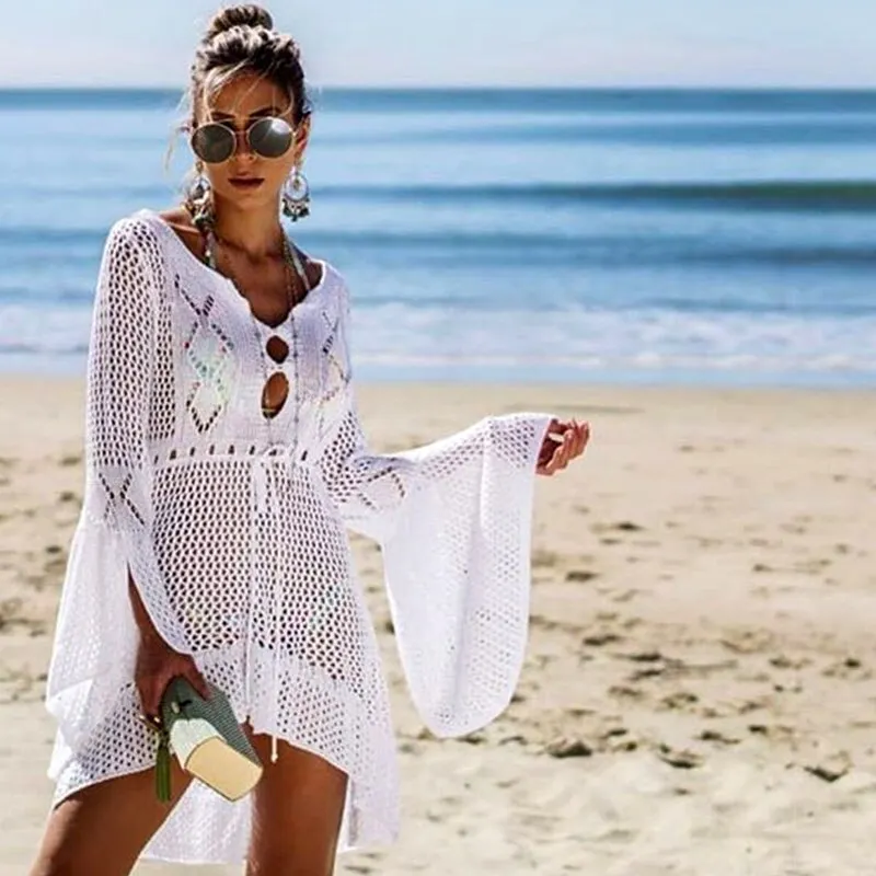Crochet White Knitted Beach Cover up 2019 New Mujer Bikini Cover up Tunic Long Pareos  Swim Cover up Robe Plage Beachwear