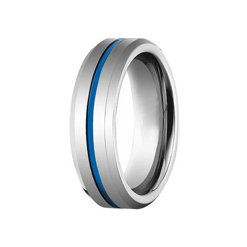 6MM 8MM Thin Blue Groove Tungsten Carbide Rings High Polished For Men Wedding