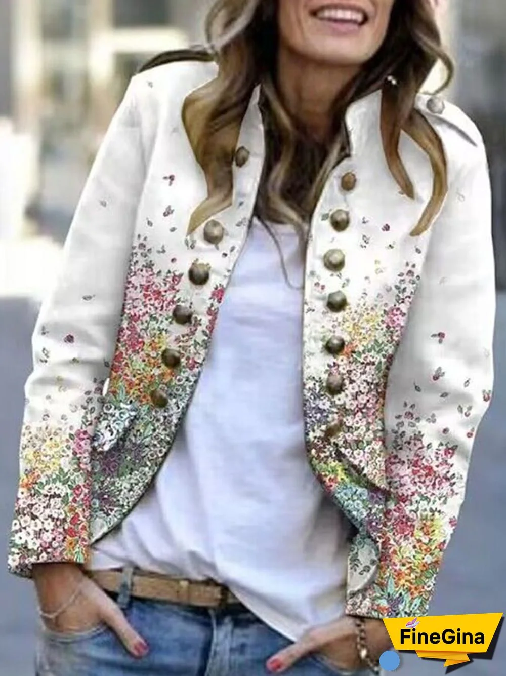 Women's Fashion Printed Stand Collar Double Breasted Crop Coat