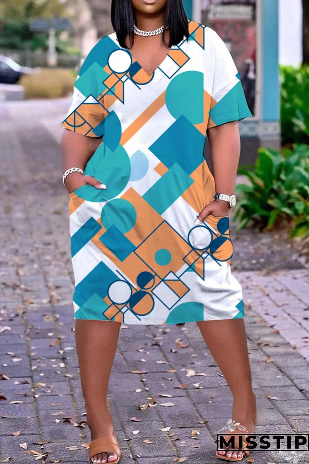 Colour Casual Street Print Patchwork V Neck Straight Dresses