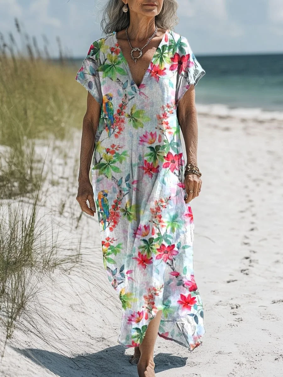 Women's  Floral  Art Print Pocket Cotton Dress