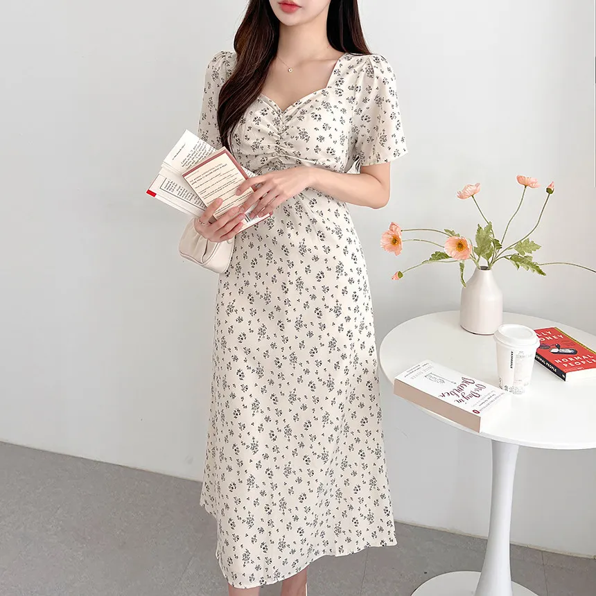 Uveng Uveng Chic Summer Retro Elegant V-Neck Hollow Back Strap Design Waist Show Thin Short-Sleeved Floral Dress